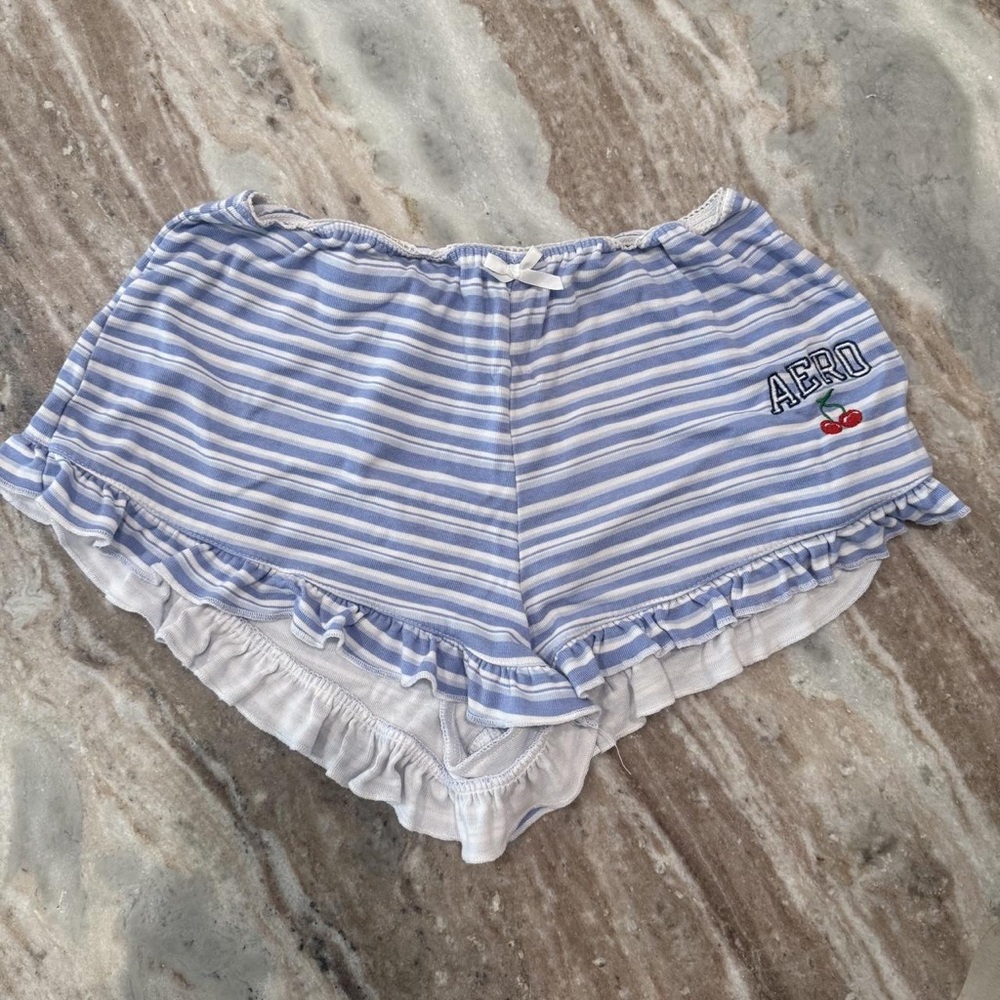 Aeropostale Light Blue & White Striped Ruffle Pajama Shorts